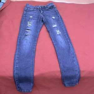 Distressed Mom blue jeans, Wax Jean